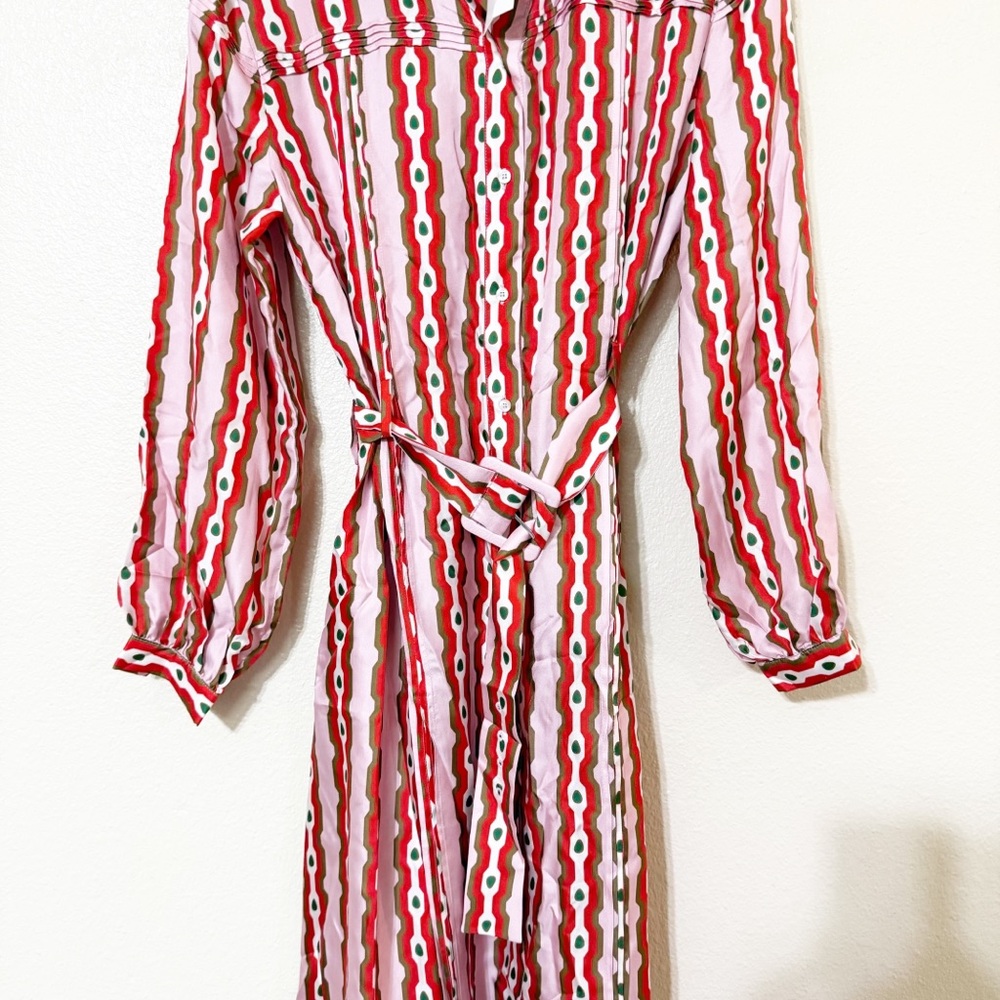 NWT Lisou Alina Silk Twill Pink Red Link Print Belted Button Front Shirt Dress - Picture 10 of 10